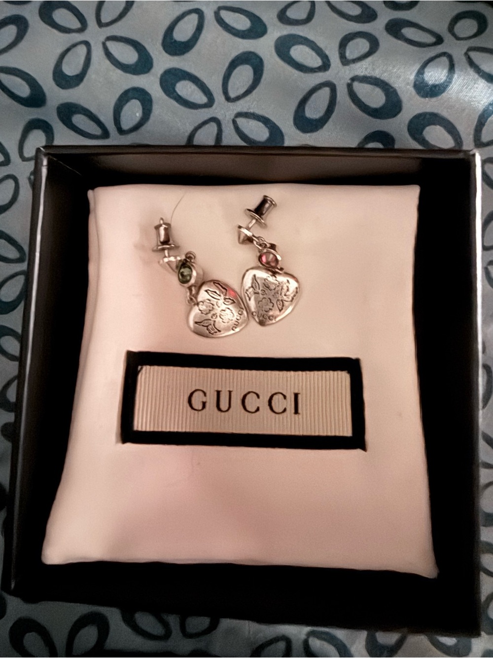 Gucci Silver Heart Drop Earrings with Green and Pink Stones “Blind For Love”